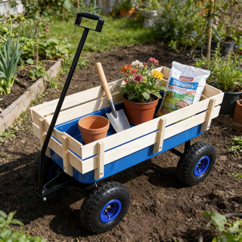 Anmytek Garden Cart Utility Wagon with Inflatable Tires Outdoor Hauler Blue Wooden