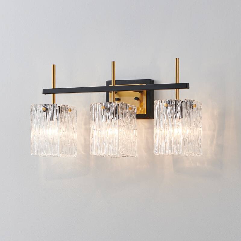 KAWOTI 22" Black &Gold Vanity Light with Textured Glass Shade - W22" x D6.5" x H11.13"