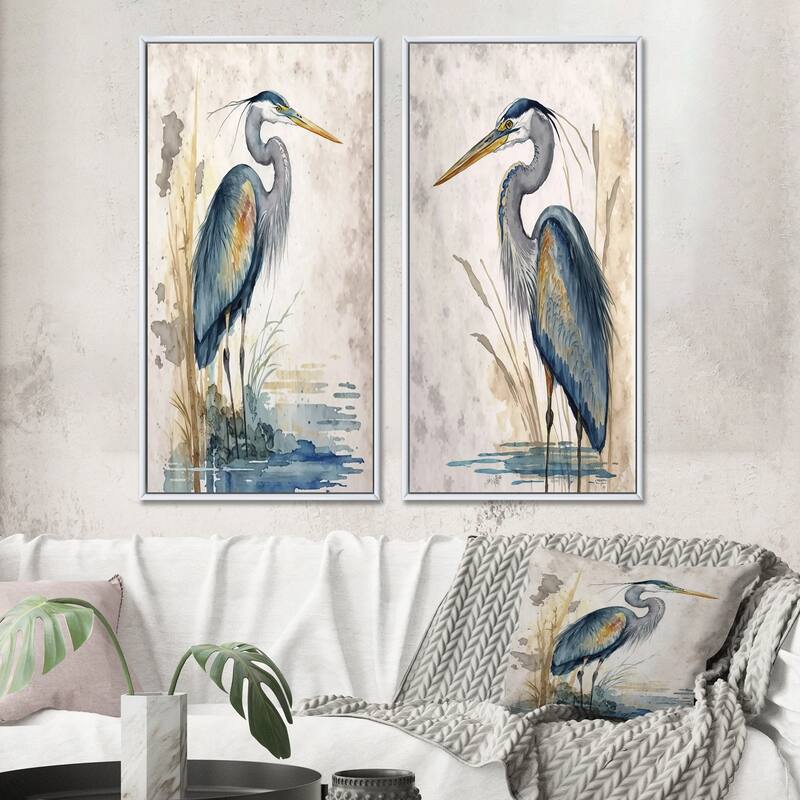 Designart "Heron By The Waterside Watercolour I" Animals Wall Art Décor Gallery Wall Set For Home Decor - 24 in. wide x 20 in. high - White