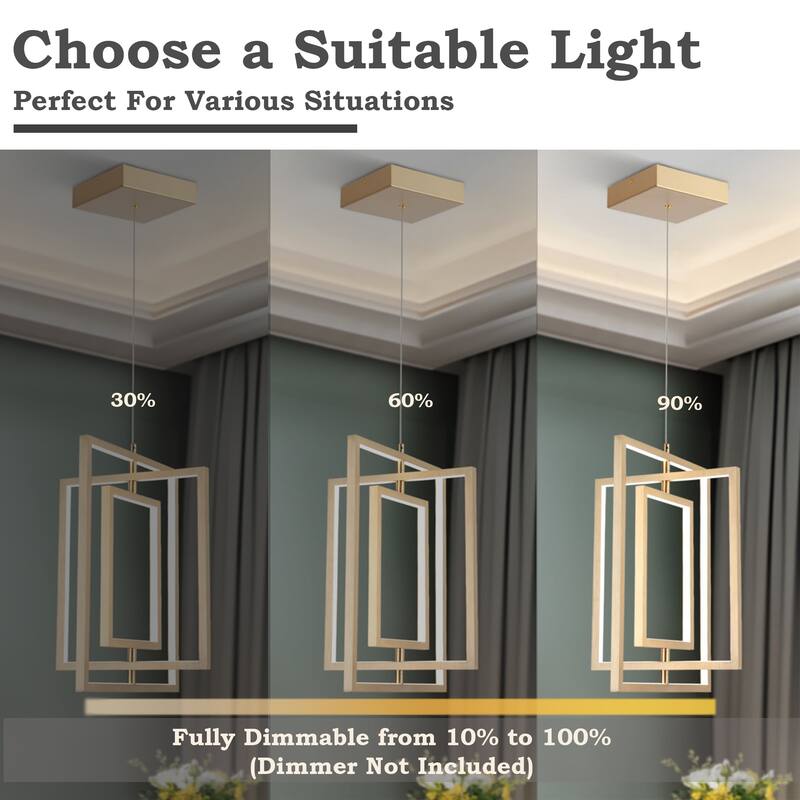 Modern Contemporary 1-Light Gold LED Chandelier Rectangle Geometric Pendant Lights - 15.5" L x 12" W x 20.5" H