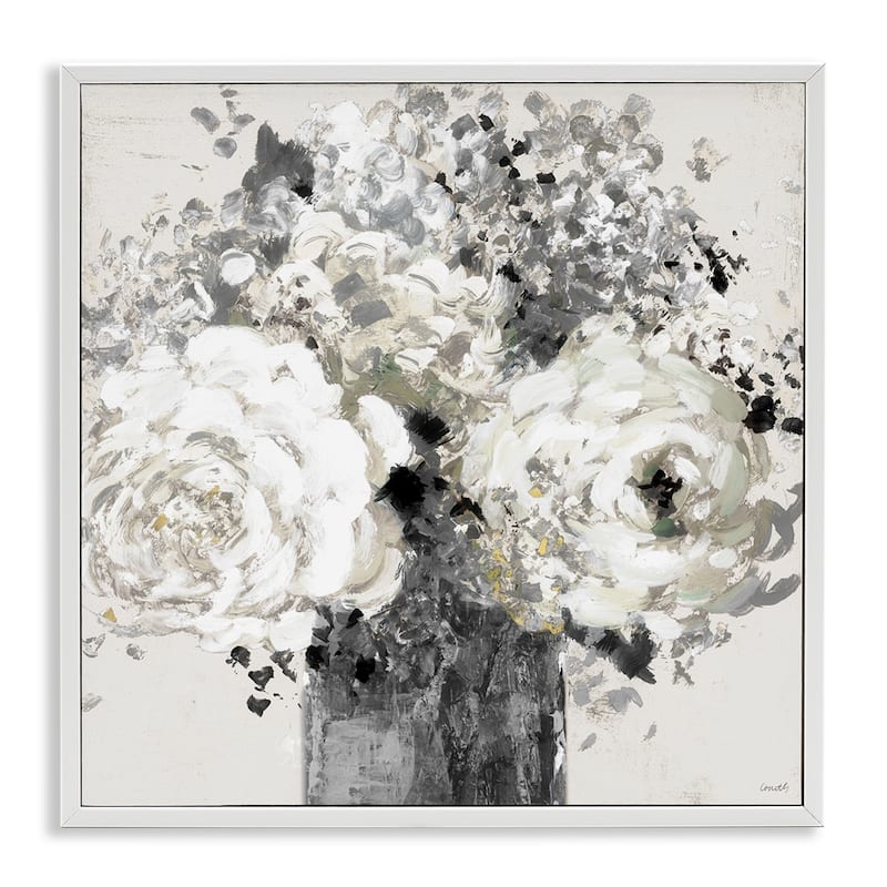 Stupell Bold Abstract Floral Arrangement Black Cream Expressive Flowers Framed Wall Art - 12 x 12 - White