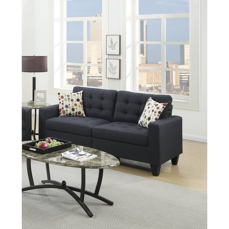 2pc Sofa Set Black Polyfiber Tufted Sofa Loveseat w Pillows Cushion Solid Pine