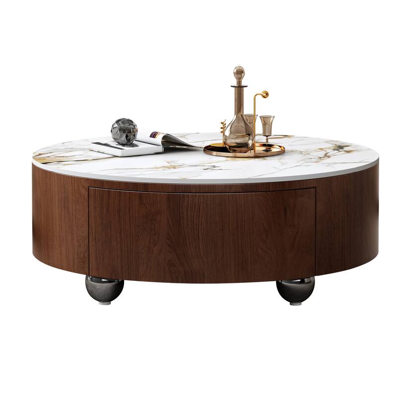 Modern Round Coffee Table with Imitation Marble Tabletop 2 Drawers and 4 Stainless Steel Legs, for Living Room