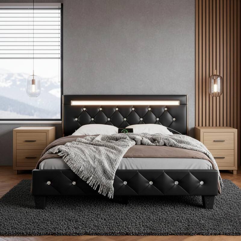 Queen Size Bed Frame with LED Light and Charging Station, Platform Bed with Handcrafted Crystal Button Adjustable Headboard
