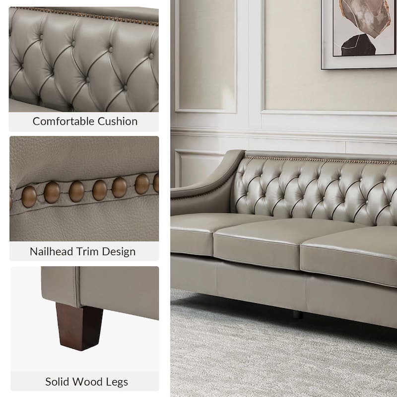 Mateo 82.28" Wide Transitional Genuine Leather Sofa with Nailhead Trim and Button-Tufted Back
