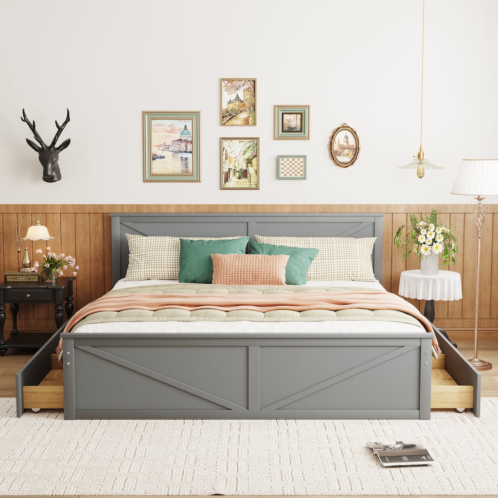 Wooden Platform Bed with Four Drawers