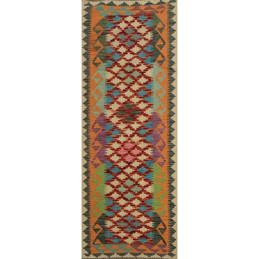 Hand Woven Oriental 100% Wool Carpet Southwestern Geometric Oranges & Rust Kilim Runner Rug - 6' 6'' X 2' 3''