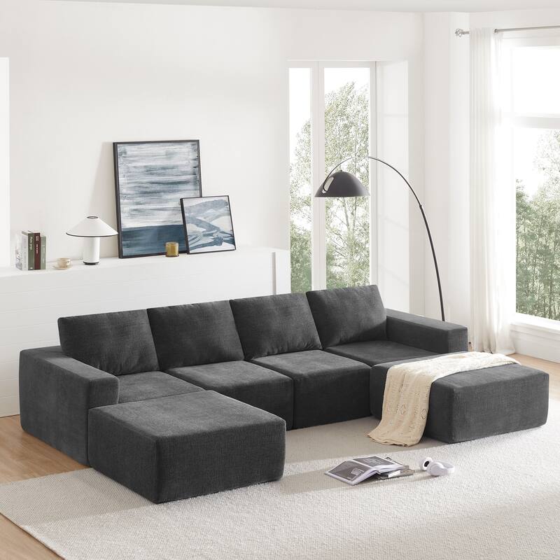 110*72" Modular U Shaped Sofa with Ottomans, Dark Gray Chenille, No Assembly