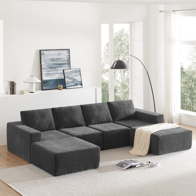 Modular U Shaped Sectional Sofa, Cloud Chenille Sectional Couch - Gray