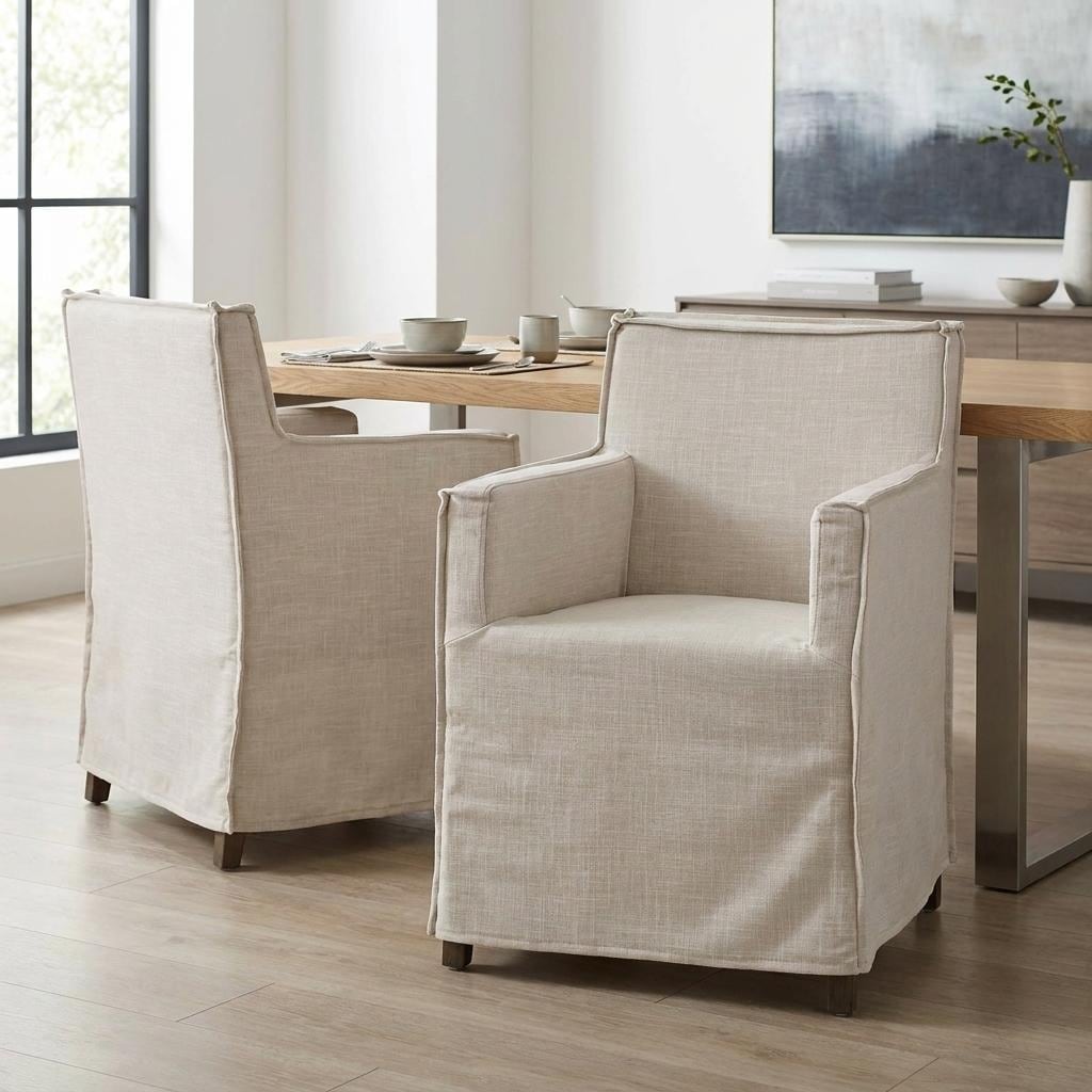 HomeRoots Cream and Brown Slipcovered Upholstered Fabric Dining Arm Chair - 22.00 in. x 35.30 in. x 23.50 in.