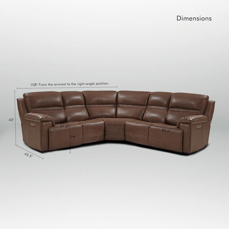 5PCS, 3 power Recliners, Dual-Power Genuine Leather Reclining Sectional with Adjustable Headrest
