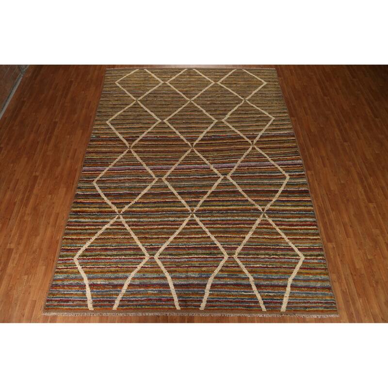 Hand Knotted Oriental 100% Wool Carpet Modern Stripe Multi-Colored Moroccan Area Rug - 13' 0'' X 9' 7''