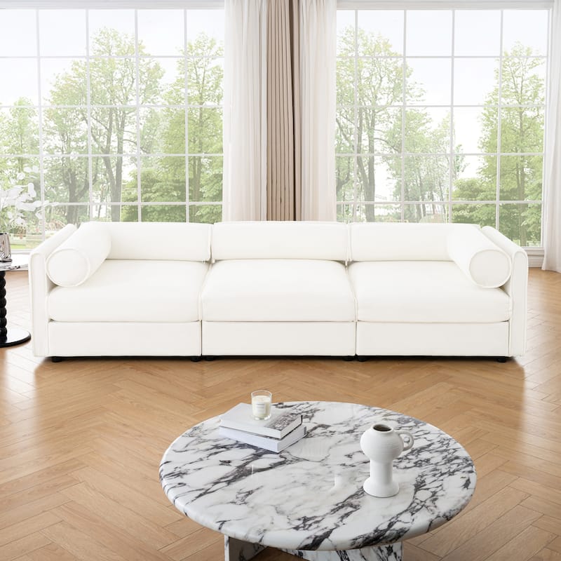 Modern 3 Deep Seat Modular Sofa with Storage, Cylindrical Backrest & Armrests - White