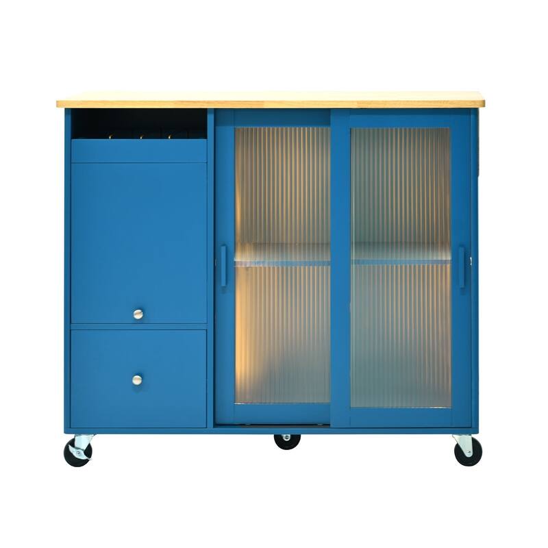 Rubberwood Kitchen Cart with Drop Leaf, Internal Storage Rack, Flip Cabinet Door, and 2 Drawers