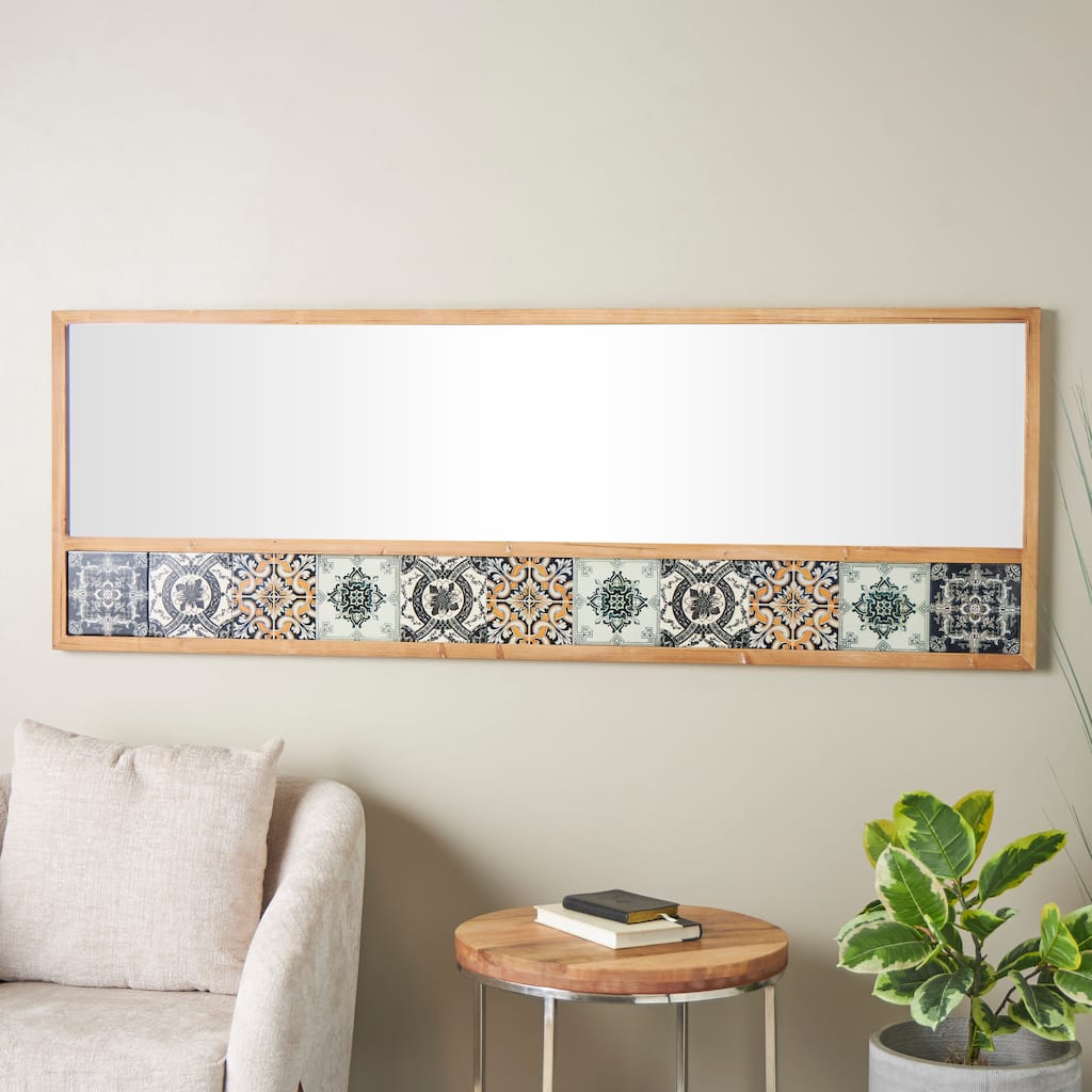 Brown Wood Floral Room Wall Mirror with Patterned Mosaic Tile Edge
