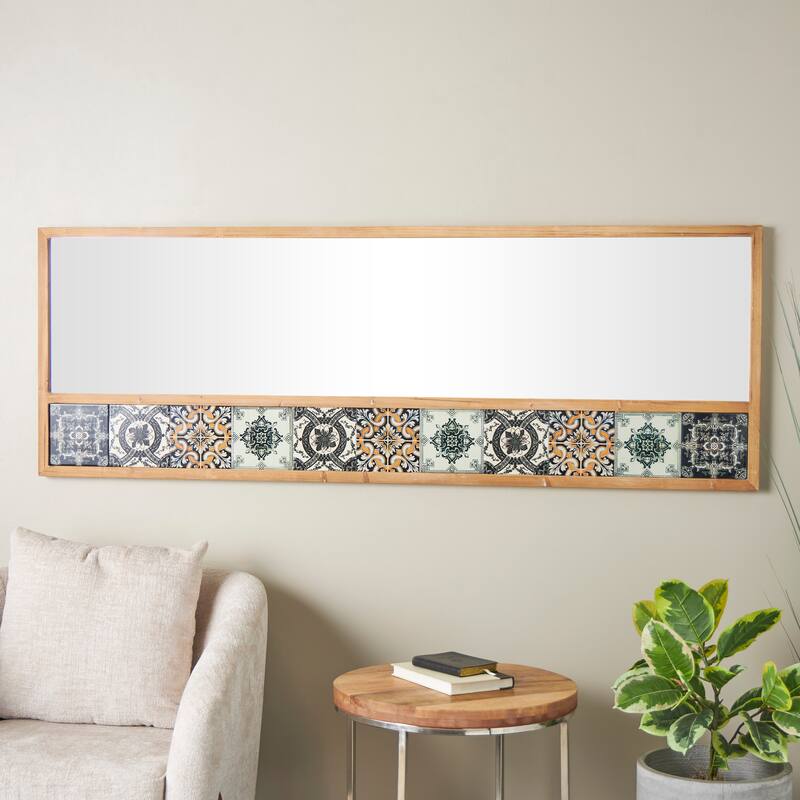 Brown Wood Floral Room Wall Mirror with Patterned Mosaic Tile Edge - Brown