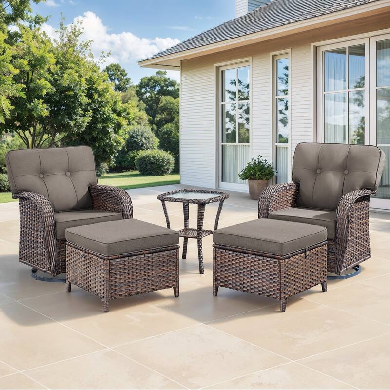 Gymojoy 5-Piece Outdoor Wicker Swivel Chair Set with Ottomans & Side Table, 5" Thick Cushions - Brown Wicker / Grey Cusion - 5-Piece