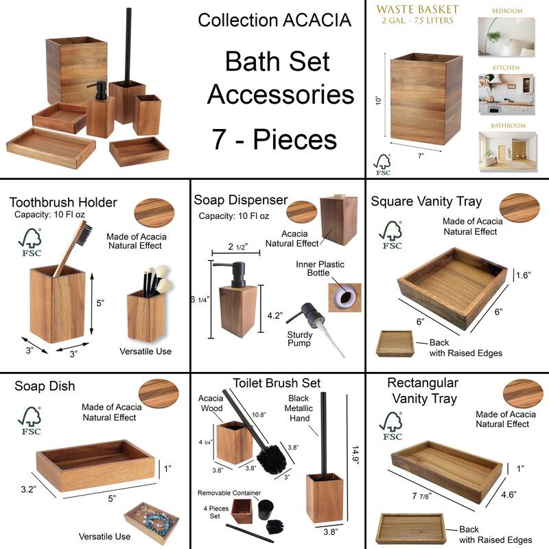 Acacia Wood Bathroom Accessory Set Collection