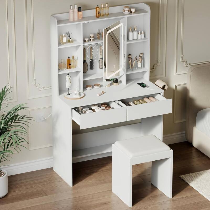 Vanity Desk with Mirror and Lights, USB Outlets for Bedroom - White