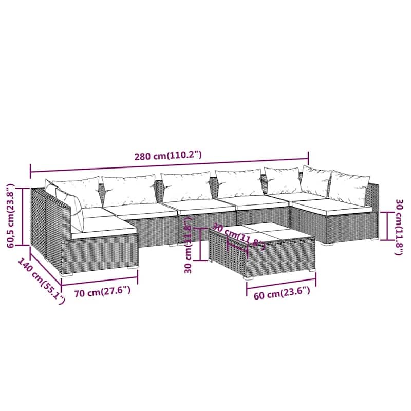 vidaXL Patio Lounge Set Outdoor Sectional Sofa Set Table Garden Poly Rattan - 27.6" x 27.6" x 23.8"