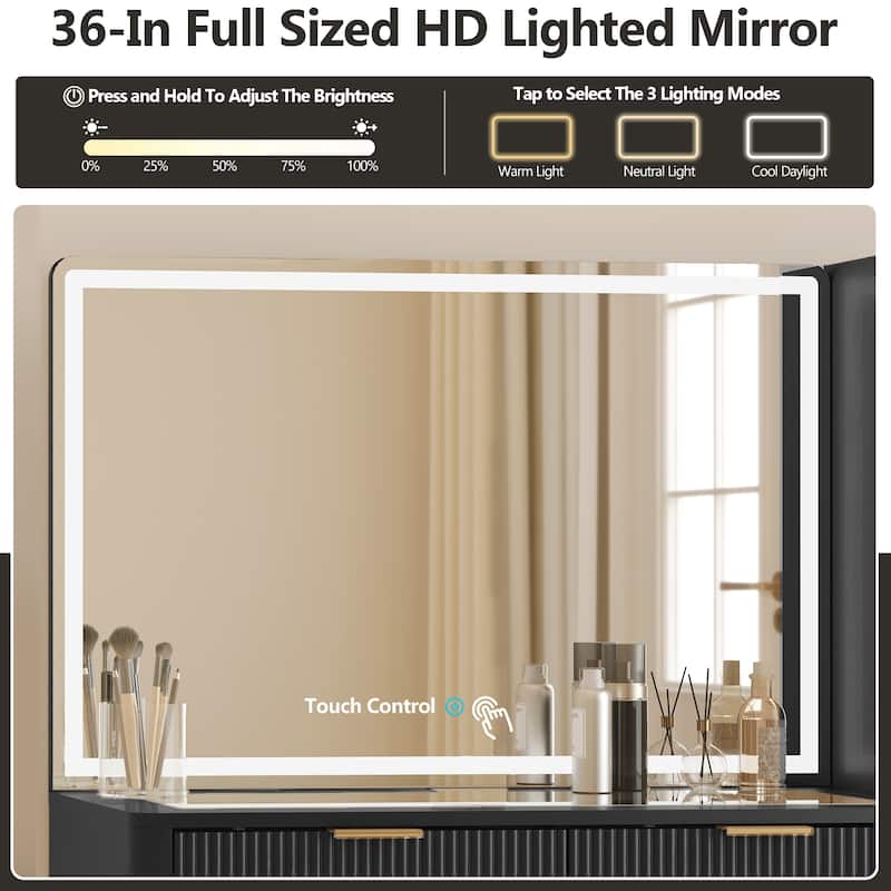 Modern Fluted Makeup Vanity Desk with Lighted Mirror, Dressing Table