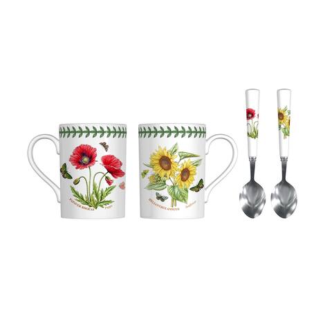 Portmeirion Botanic Garden 4 Piece Mug and Spoon Set (Poppy/Sunflower) - Multi-Color