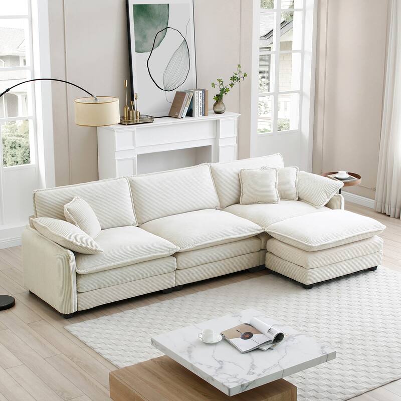 Beige 4-Piece Corduroy L-Shaped Modular Sectional Sofa, Removable Ottoman & 5 Pillows - Beige