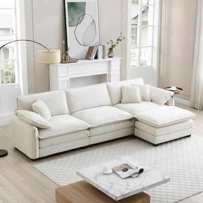 Beige 4-Piece Corduroy L-Shaped Modular Sectional Sofa with Ottoman & 5 Pillows