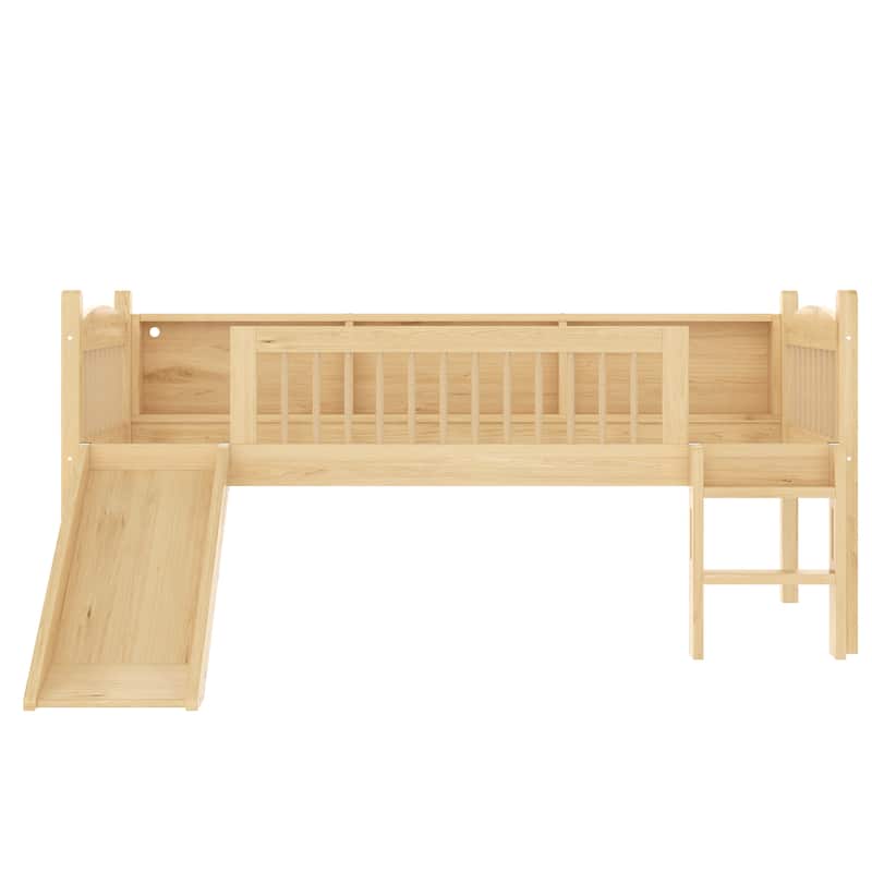 Twin XL Loft Bed with Storage Shelves, Solid Wood Lower Loft Bed with LED Lights and Full-length Guardrails