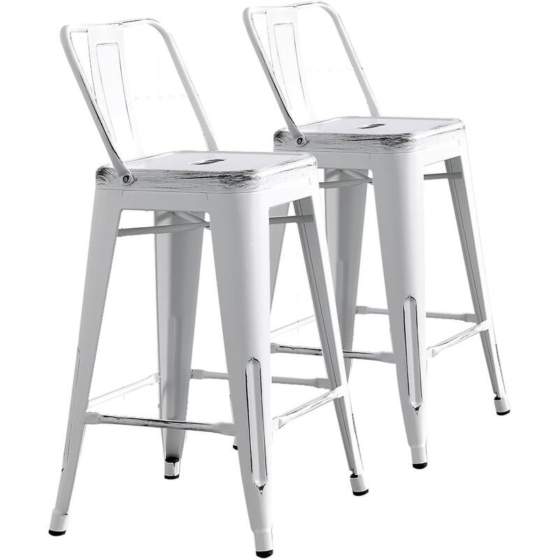2-Piece 24" Industrial Bar Stool Set - Distressed White with Bucket Back