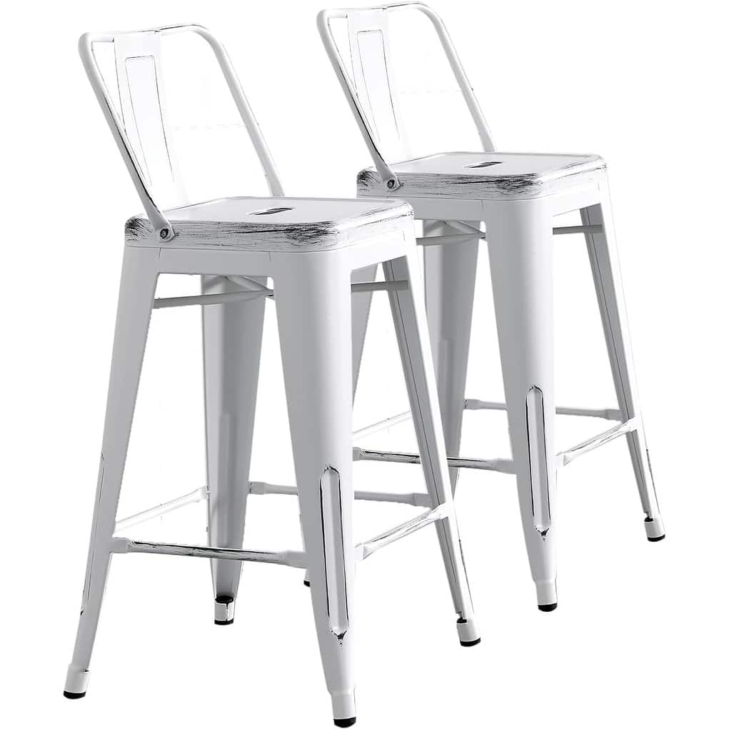 2-Piece 24" Industrial Bar Stool Set - Distressed White with Bucket Back