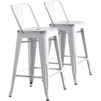 Industrial Metal Bar Stools Set of 2 Bucket Back 4 Leg Design 24in Seat Distressed
