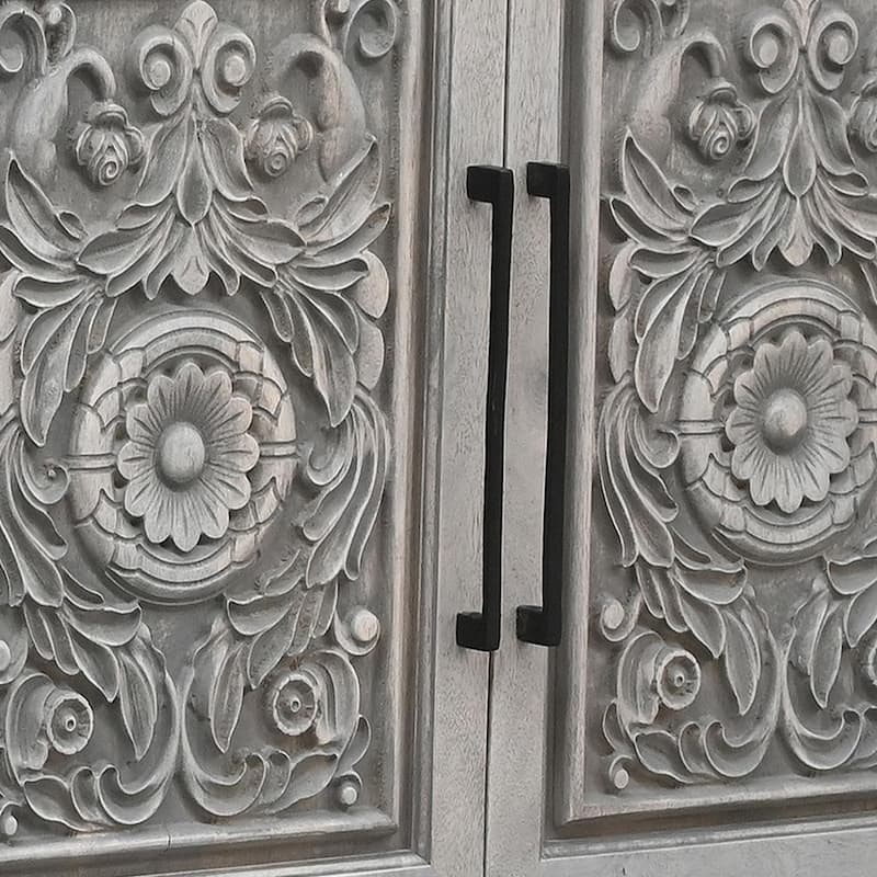 HomeRoots 106" Gray Distressed Solid Wood Carved Floral Three Drawer Sideboard with Four Doors