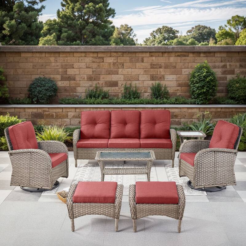 Gymojoy 7-Piece Outdoor Wicker Patio Furniture with 3 Seat Sofa & Swivel Chair, Coversation Set with Water Resistant Cushions - Grey Wicker / Red Cusion - 7-Piece