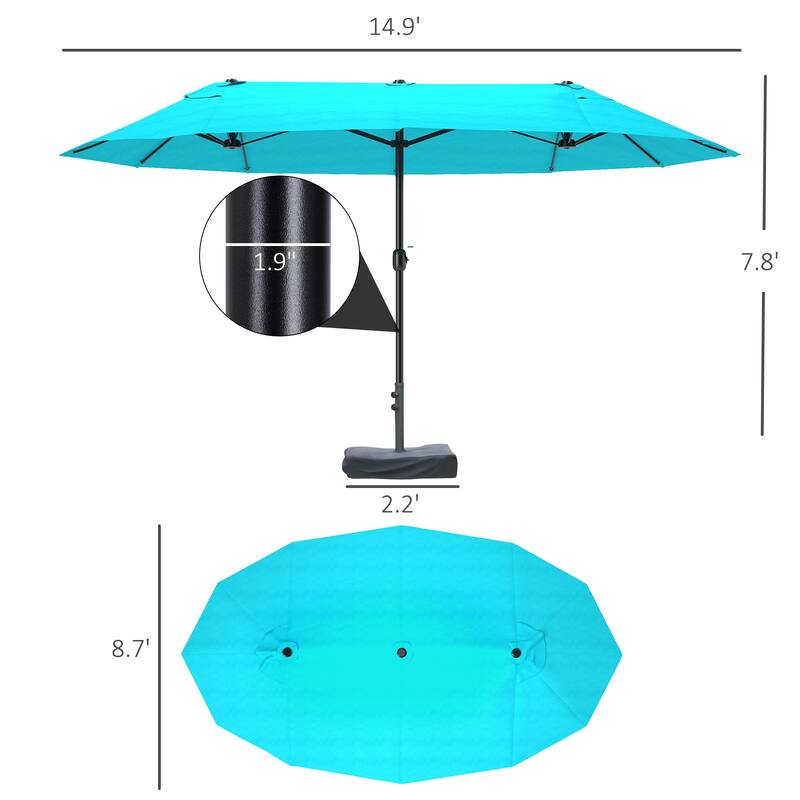 Outsunny Patio Umbrella 15' Steel Rectangular Outdoor Double Sided Market with base, UV Sun Protection & Easy Crank