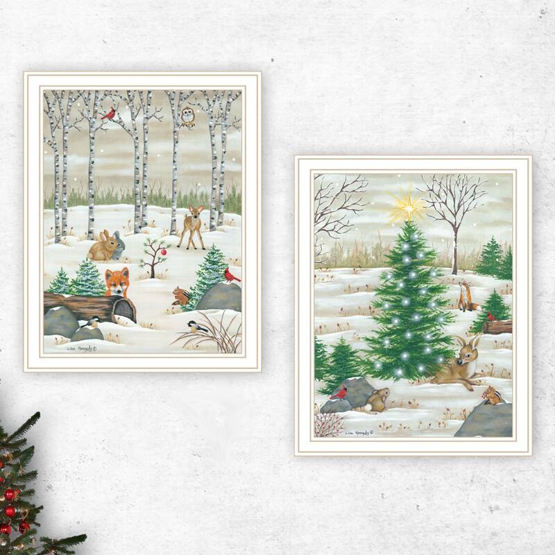 2-Piece Framed Wall Art Set - Woodland Critters for Christmas, White Frame