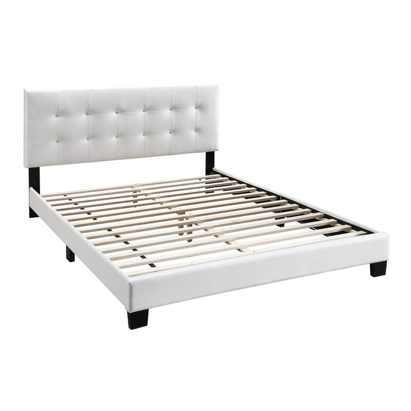 Full Leatherette Bed with Checkered Tufted Headboard, White
