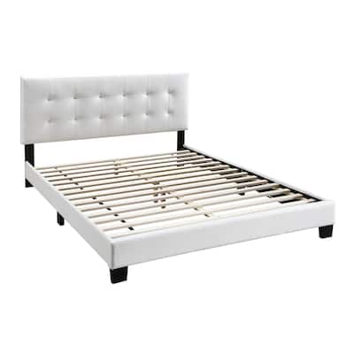 Full Leatherette Bed with Checkered Tufted Headboard, White