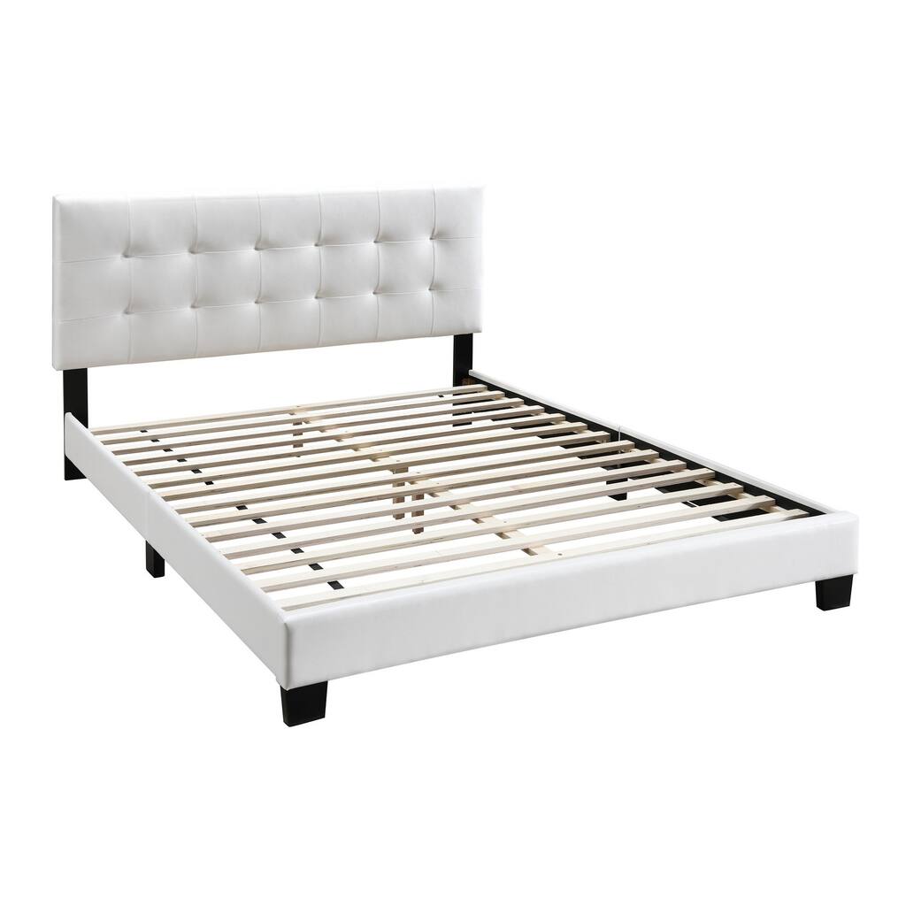 Full Leatherette Bed with Checkered Tufted Headboard, White
