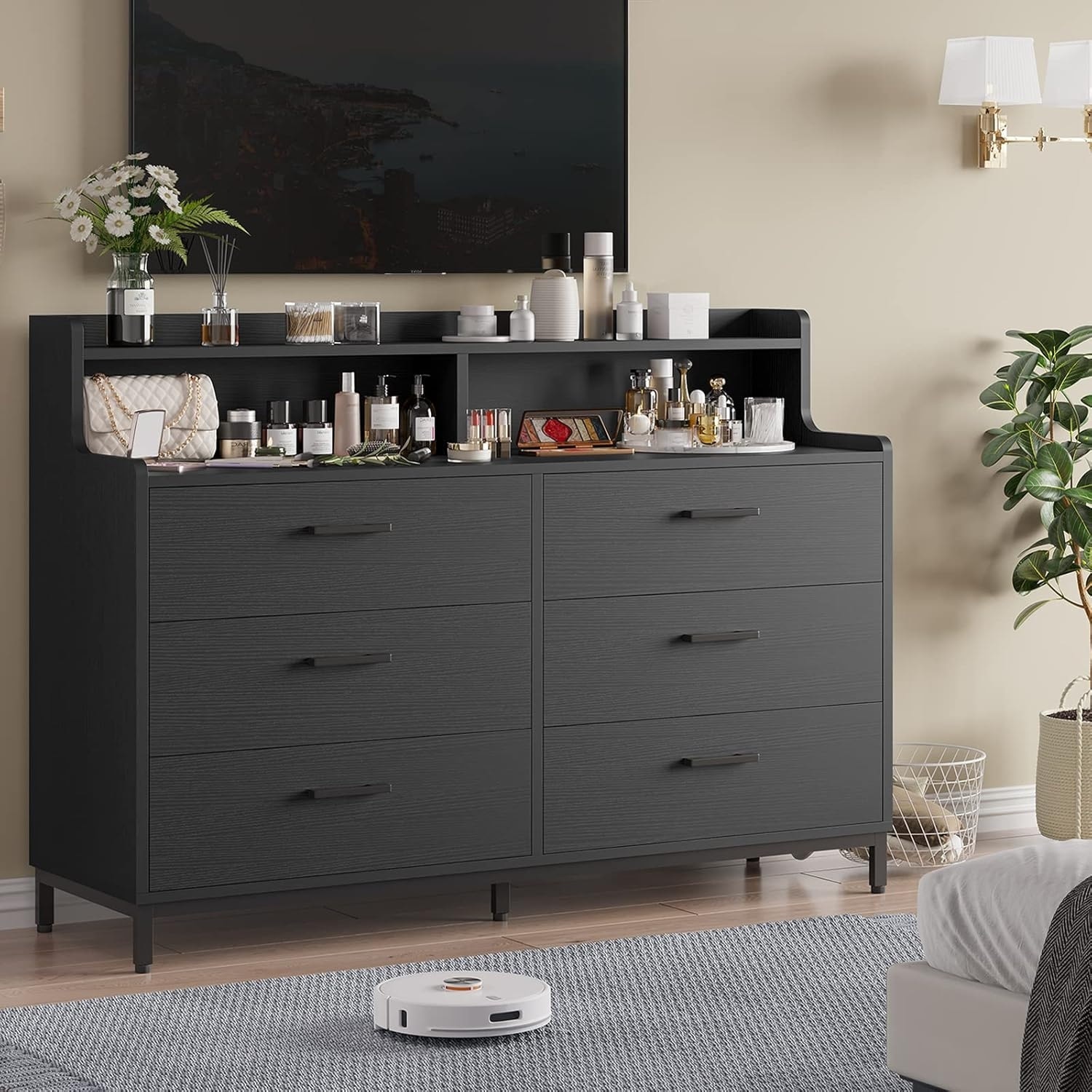 Modern Black 6-Drawer Dresser with Storage Shelves, Sturdy Steel Legs, Large Wooden Organizer for Bedroom, Closet, Entryway