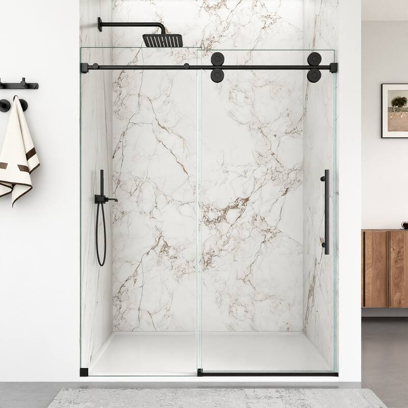 56"-60"W x 72"H Frameless Single Sliding Shower Door - 5/16" (8mm) Clear Tempered Glass - Matte Black