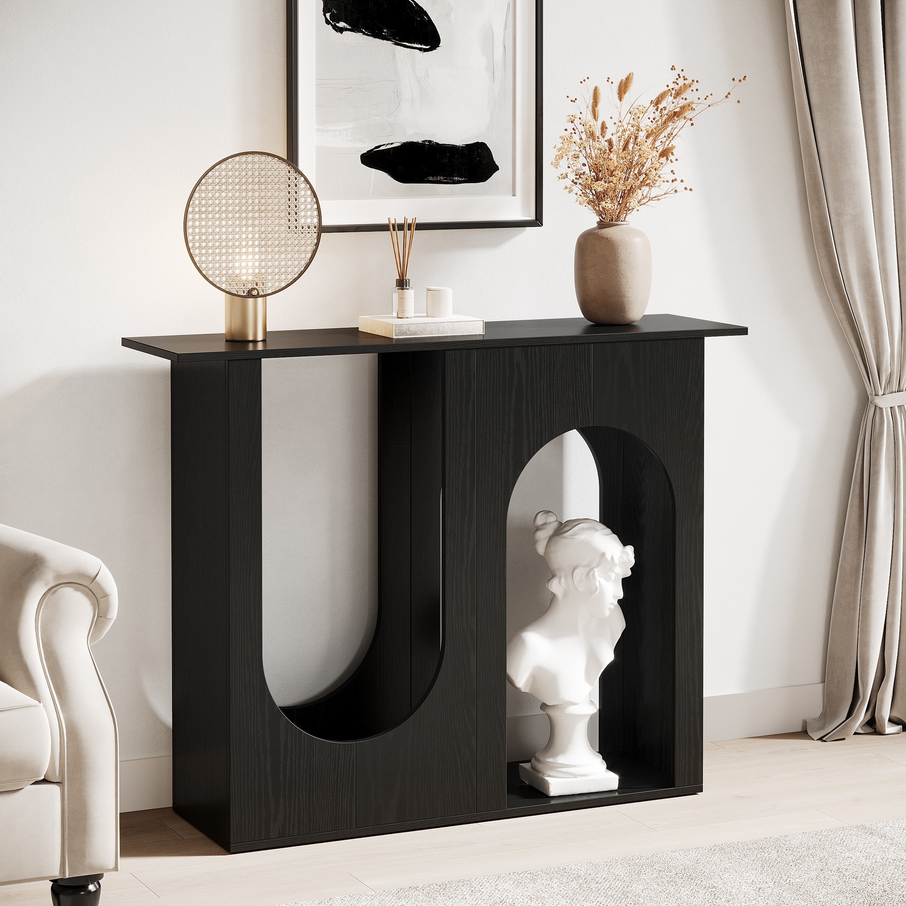 Small Modern Black Wooden Console Table with Arch-Base for Entryway
