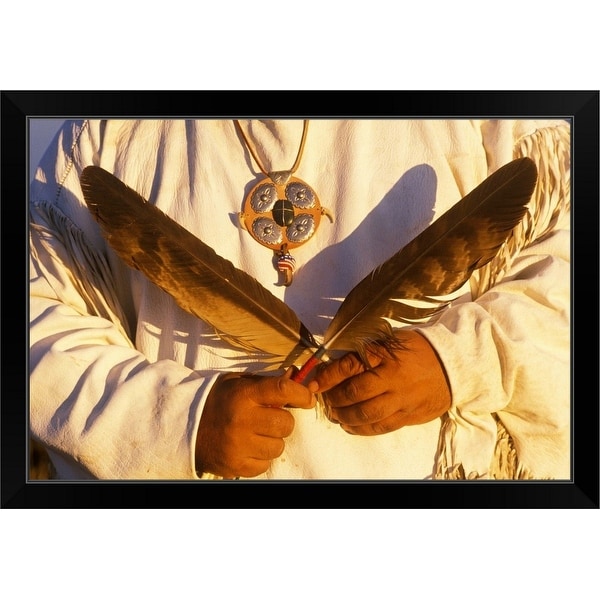 "Native American holding ceremonial feathers, Big Sur, California" Black Framed Print