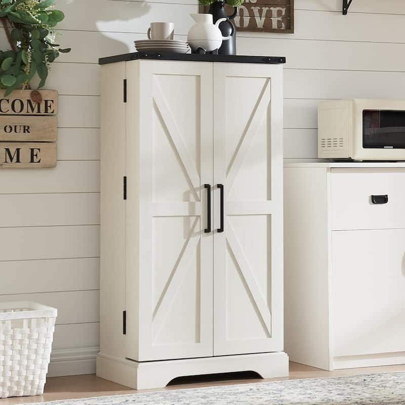 47" Farmhouse Kitchen Pantry, Storage Cabinet with Barn Doors - White