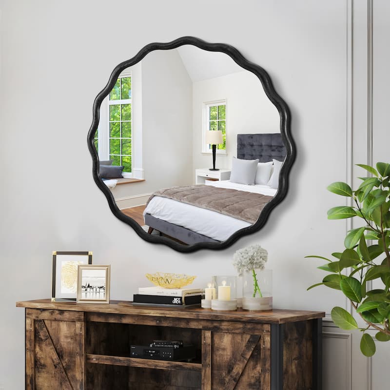 Solid Wood Wavy Mirror-Black Vanity Mirror Wall Decor 36" x 36" Modern Mirror Wall Decor - Black