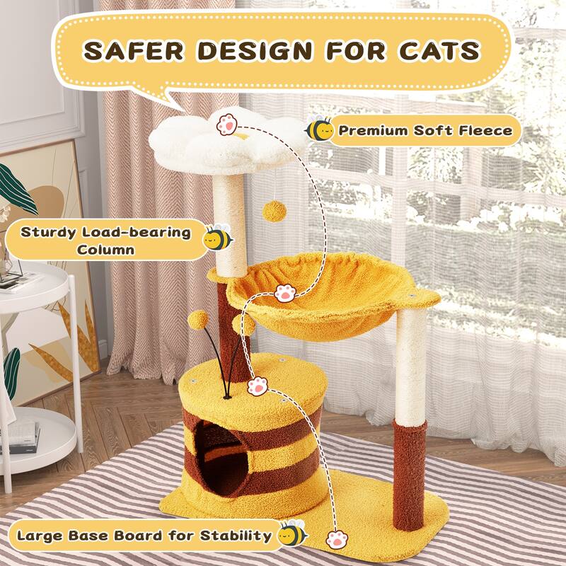 EROMMY 14.6 in Flower Cat Tree with Well-padded Perch, Cat Tower with Sisal Scratching Posts and Interactive Toys, Yellow