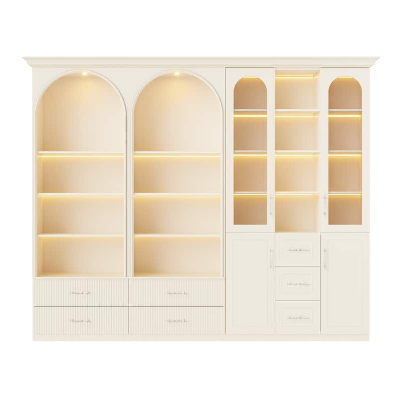 Modular Bookcase with LED Lights, Glass Door Storage Cabinet with Drawers, Large Display Shelving Unit Sideboard
