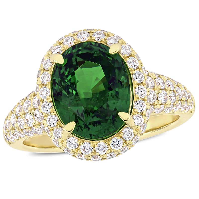 Miadora 5ct TGW Tsavorite and 1 1/3ct TDW Diamond Double Halo Cocktail Ring in 14k Yellow Gold