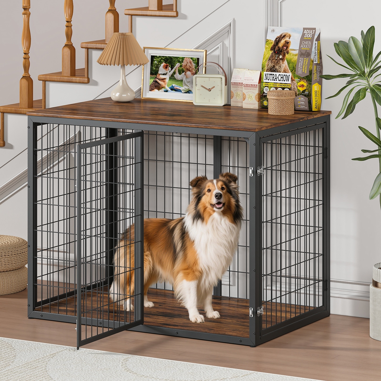 47" Dog Crate Dog Cage Furniture with 3 Doors for Large & Medium Dogs, Rustic Brown