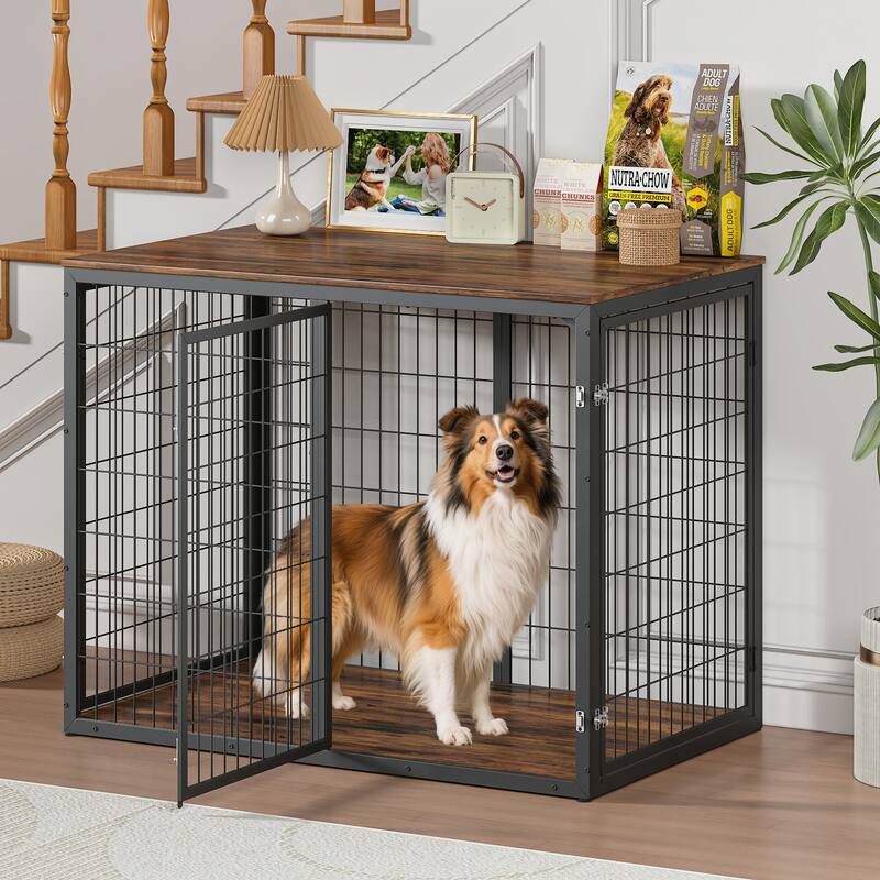 GDF Studio - HearthPaw Modern Furniture Dog Crate with Triple Door Access - Rustic Brown